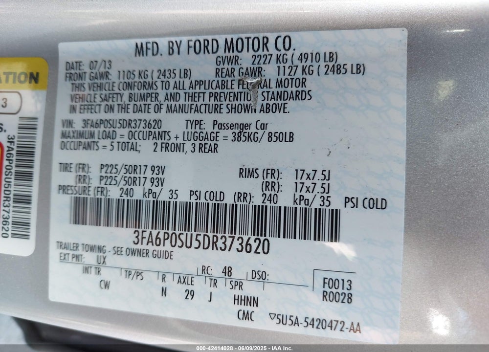 2013 FORD FUSION ENERGI TITANIUM VIN: 3FA6P0SU5DR373620