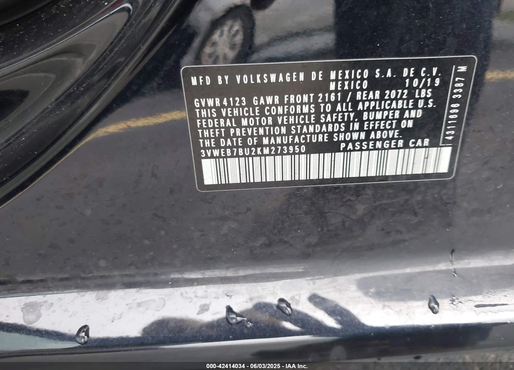 2019 VOLKSWAGEN JETTA VIN: 3VWEB7BU2KM273950