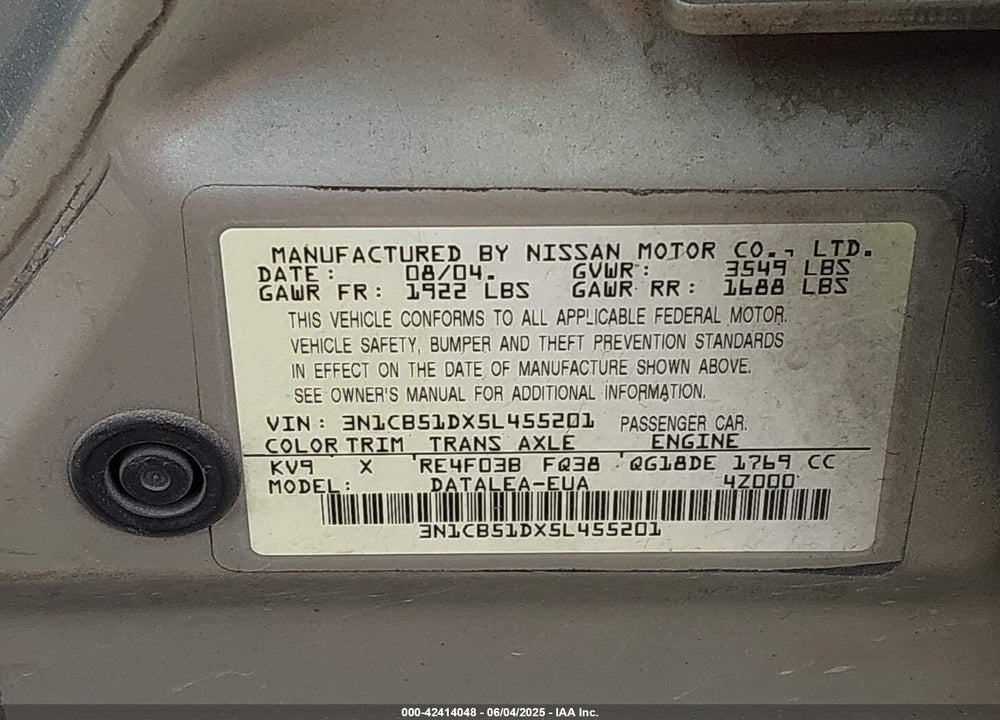 2005 NISSAN SENTRA 1.8S VIN: 3N1CB51DX5L455201