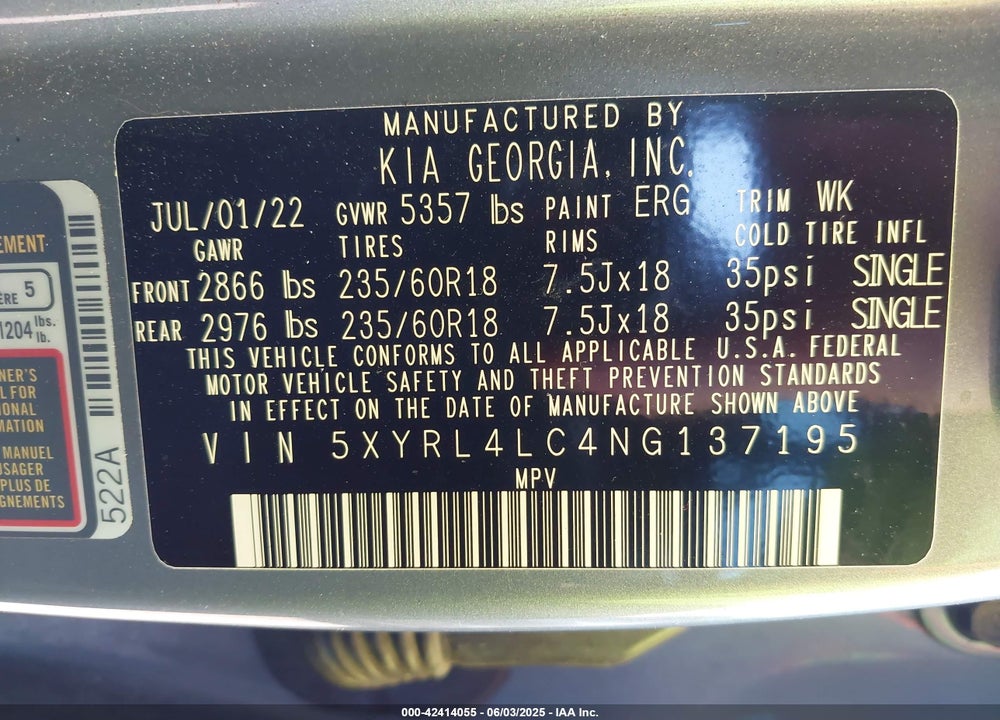 2022 KIA SORENTO VIN: 5XYRL4LC4NG137195