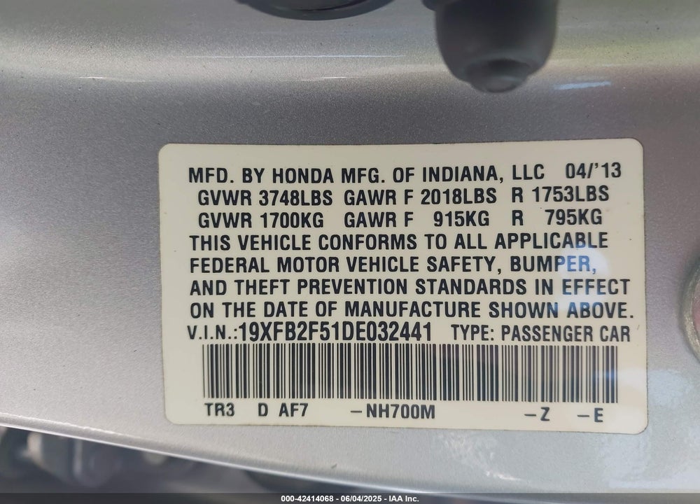 2013 HONDA CIVIC LX VIN: 19XFB2F51DE032441