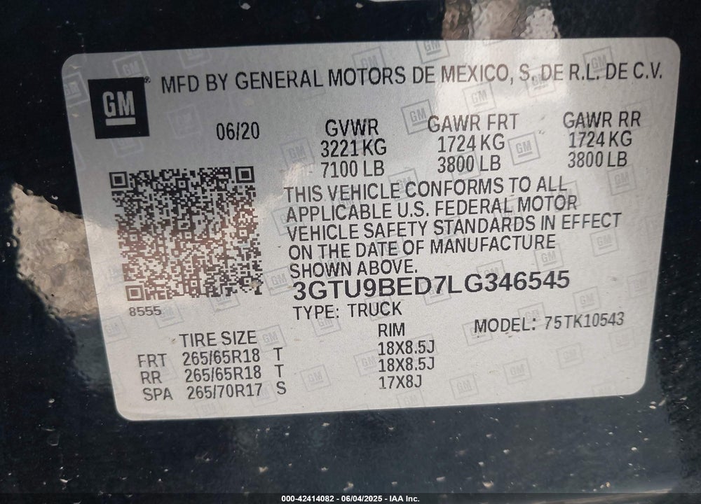 2020 GMC SIERRA 1500 4WD SHORT BOX SLE VIN: 3GTU9BED7LG346545
