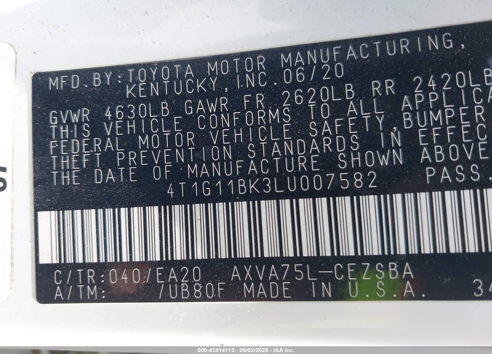 2020 TOYOTA CAMRY VIN: 4T1G11BK3LU007582