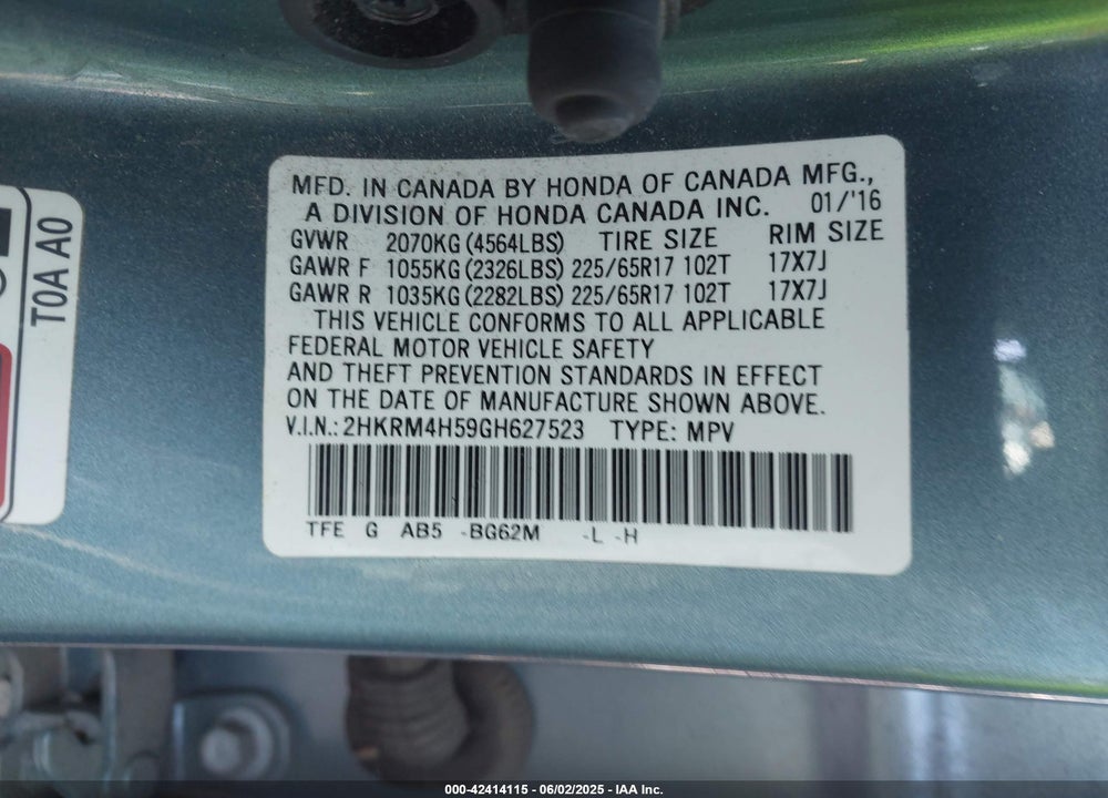 2016 HONDA CR-V VIN: 2HKRM4H59GH627523