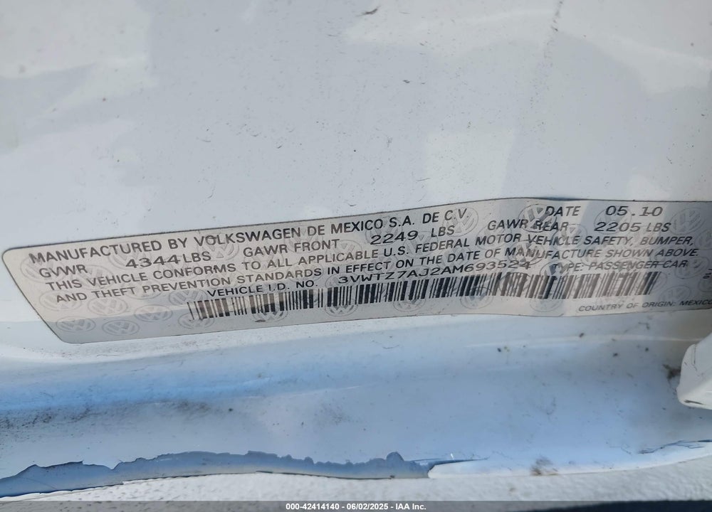 2010 VOLKSWAGEN JETTA VIN: 3VWTZ7AJ2AM693524