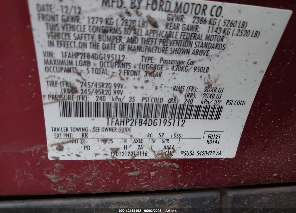 2013 FORD TAURUS LIMITED VIN: 1FAHP2F84DG195112