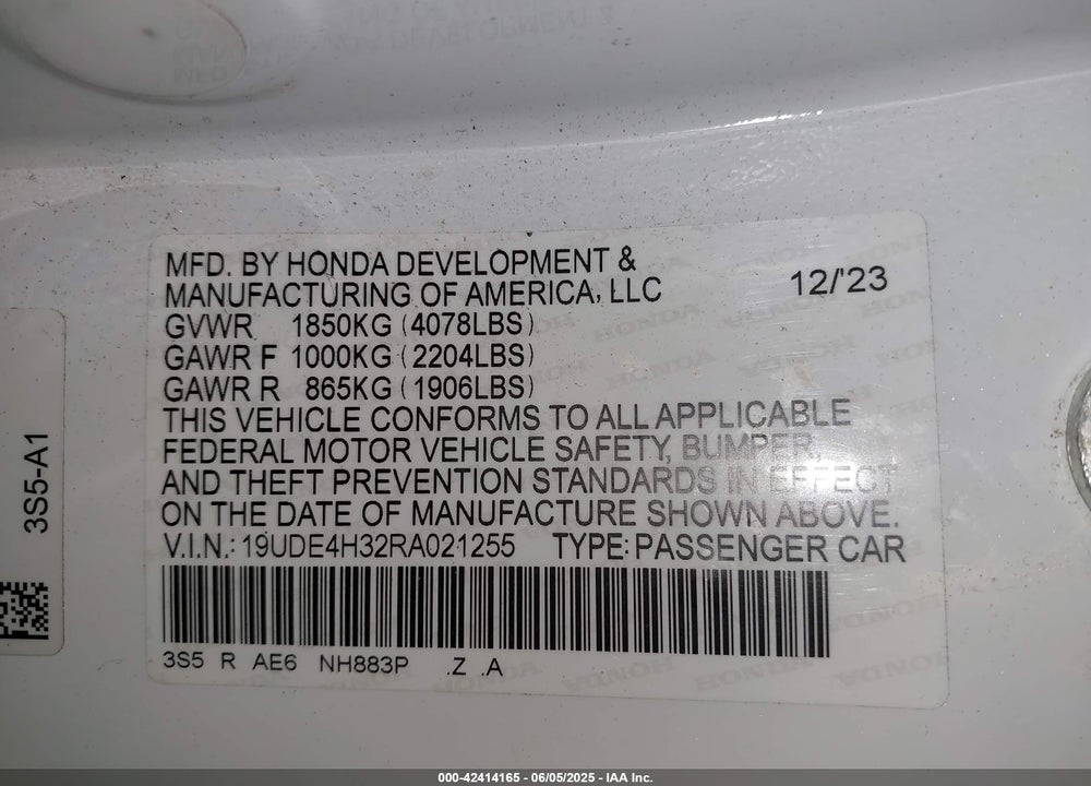 2024 ACURA INTEGRA A-SPEC VIN: 19UDE4H32RA021255