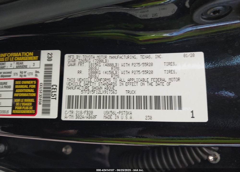 2020 TOYOTA TUNDRA VIN: 5TFDY5F12LX917363