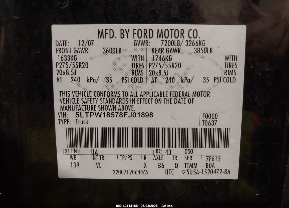 2008 LINCOLN MARK LT VIN: 5LTPW18578FJ01898