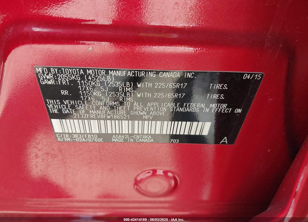 2015 TOYOTA RAV4 VIN: 2T3ZFREV8FW186521
