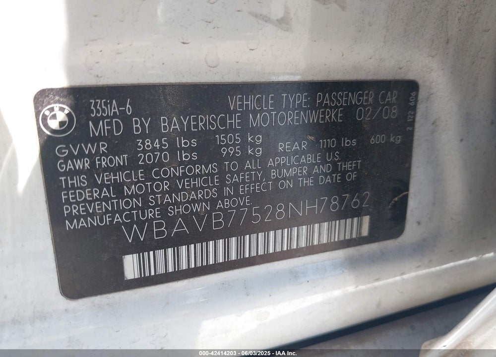 2008 BMW 335I VIN: WBAVB77528NH78762