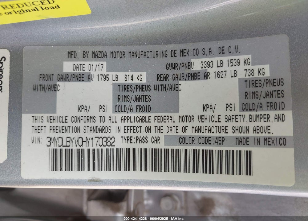 2017 TOYOTA YARIS IA VIN: 3MYDLBYV0HY170382