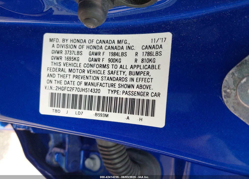 2018 HONDA CIVIC VIN: 2HGFC2F70JH514320