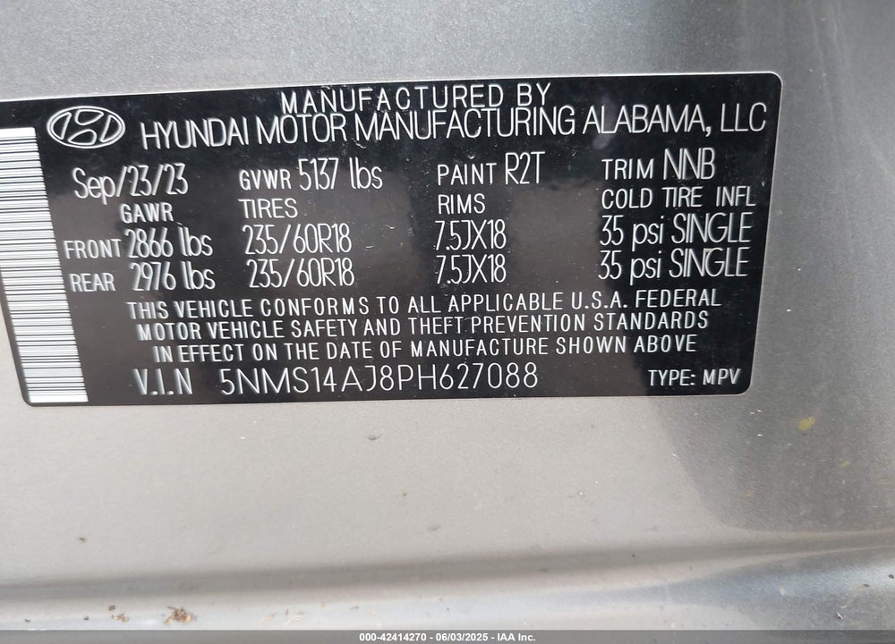 2023 HYUNDAI SANTA FE VIN: 5NMS14AJ8PH627088
