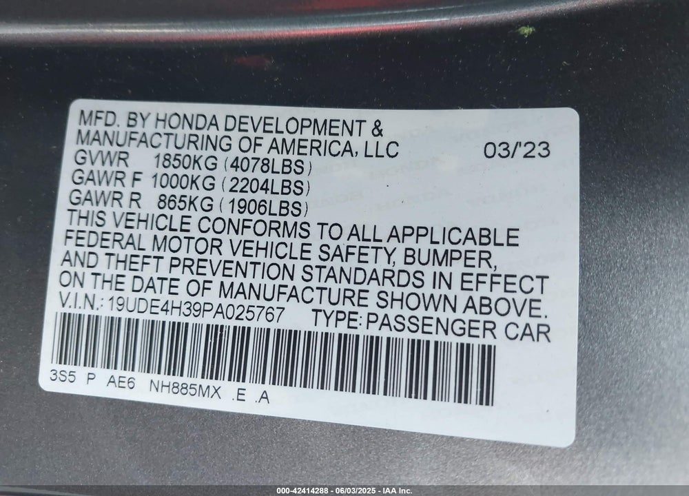 2023 ACURA INTEGRA VIN: 19UDE4H39PA025767