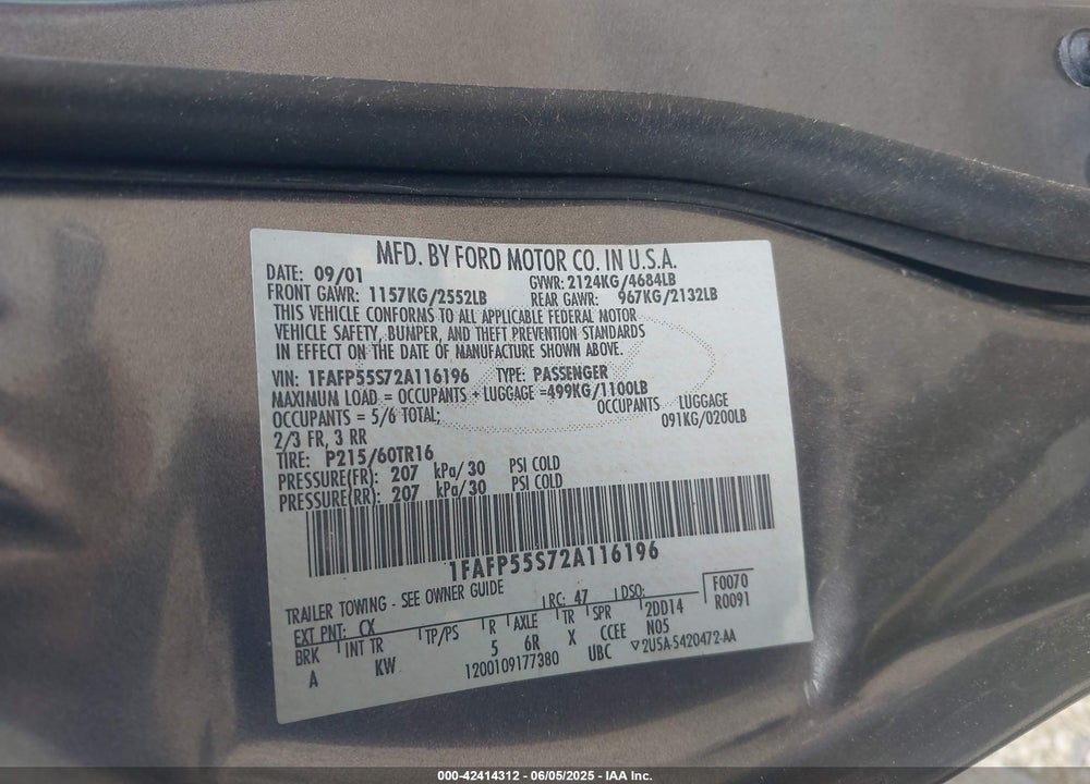 2002 FORD TAURUS SES VIN: 1FAFP55S72A116196