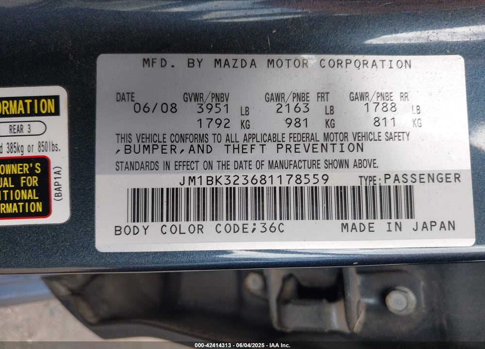 2008 MAZDA 3 S GRAND TOURING VIN: JM1BK323681178559