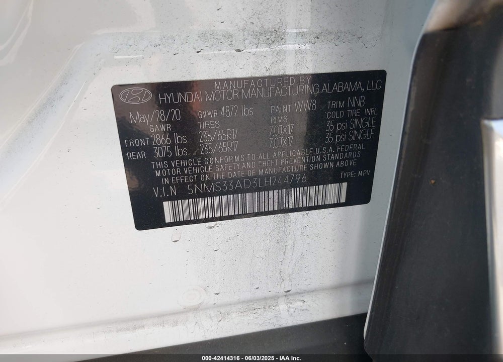 2020 HYUNDAI SANTA FE VIN: 5NMS33AD3LH244796