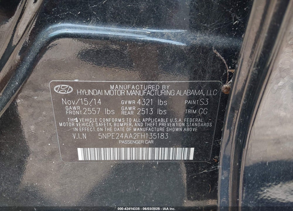 2015 HYUNDAI SONATA VIN: 5NPE24AA2FH135183