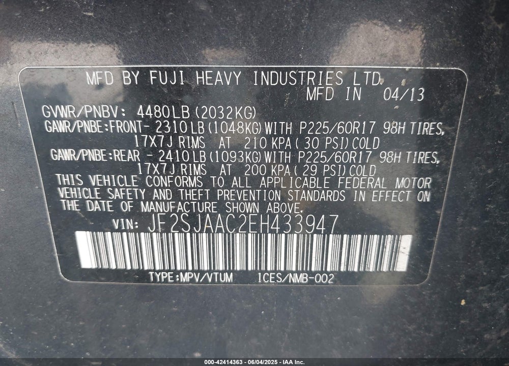 2014 SUBARU FORESTER 2.5I VIN: JF2SJAAC2EH433947