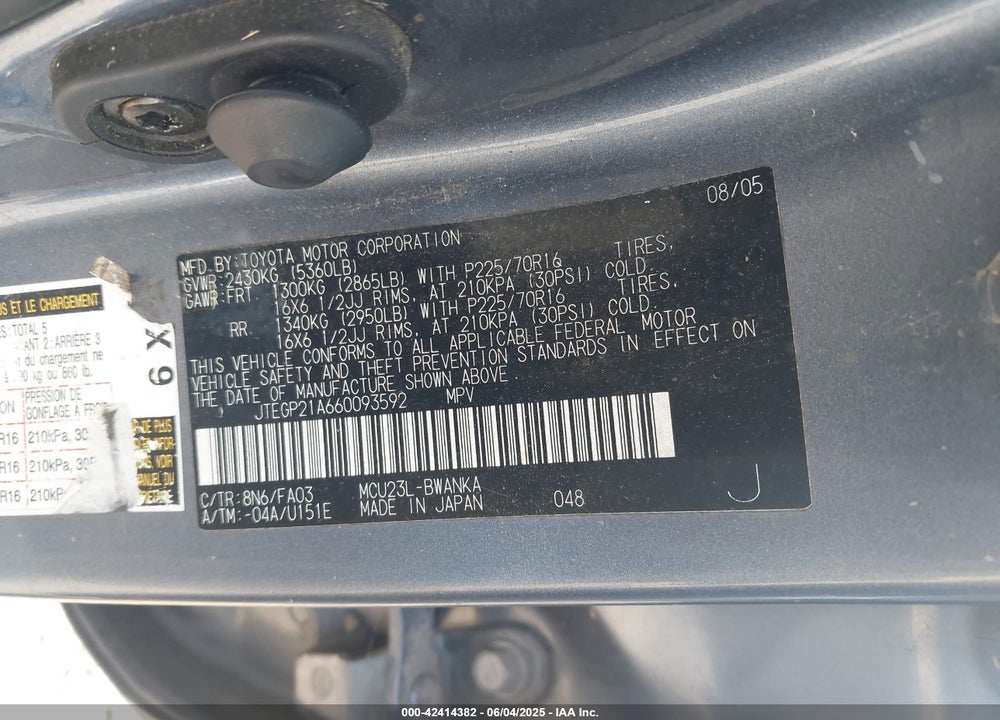 2006 TOYOTA HIGHLANDER SPORT V6/V6 VIN: JTEGP21A660093592