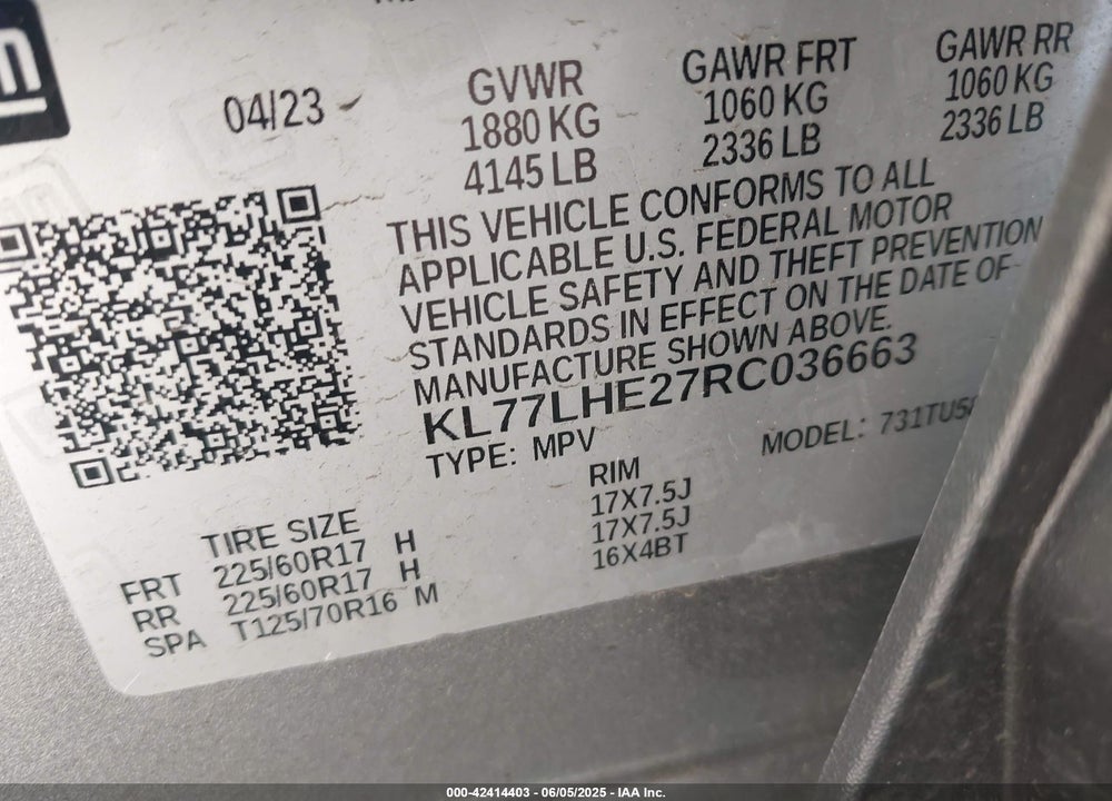 2024 CHEVROLET TRAX FWD LT VIN: KL77LHE27RC036663