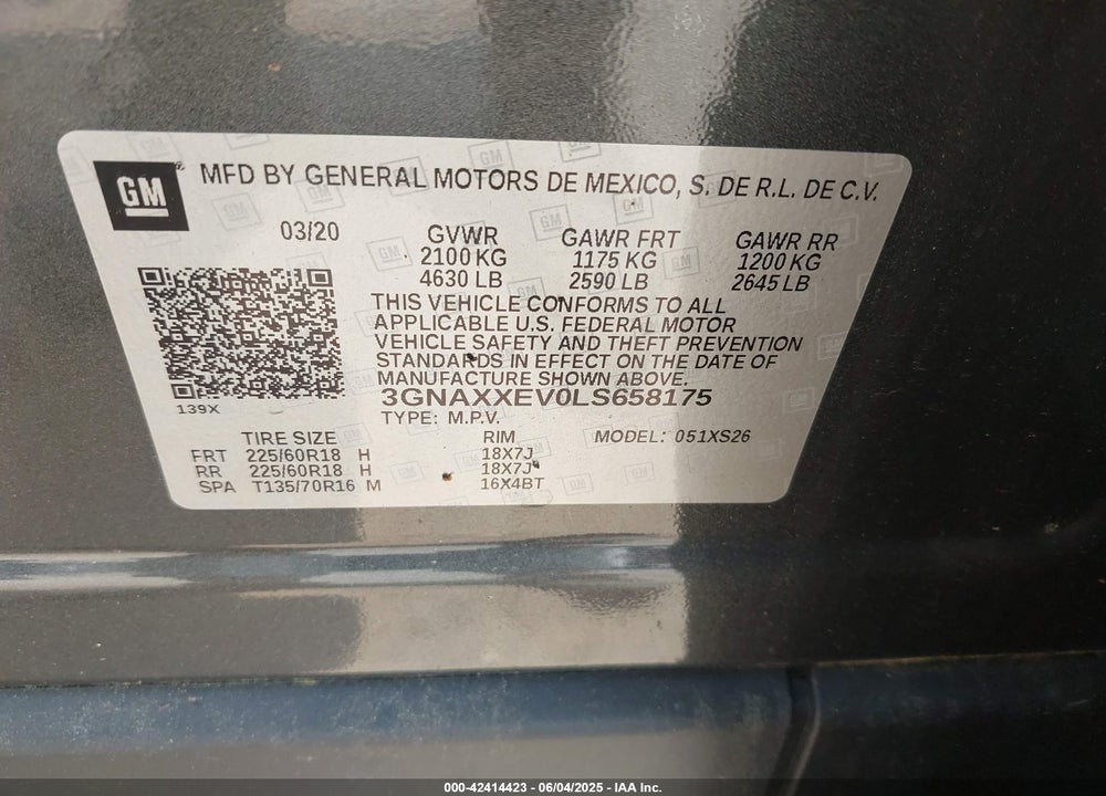 2020 CHEVROLET EQUINOX VIN: 3GNAXXEV0LS658175