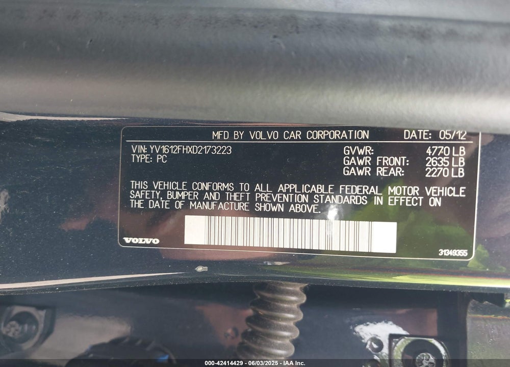 2013 VOLVO S60 T5 PLATINUM VIN: YV1612FHXD2173223