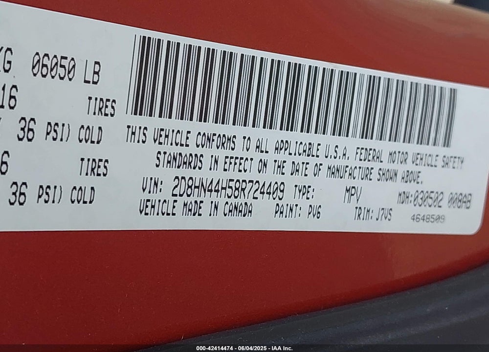 2008 DODGE GRAND CARAVAN SE VIN: 2D8HN44H58R724409