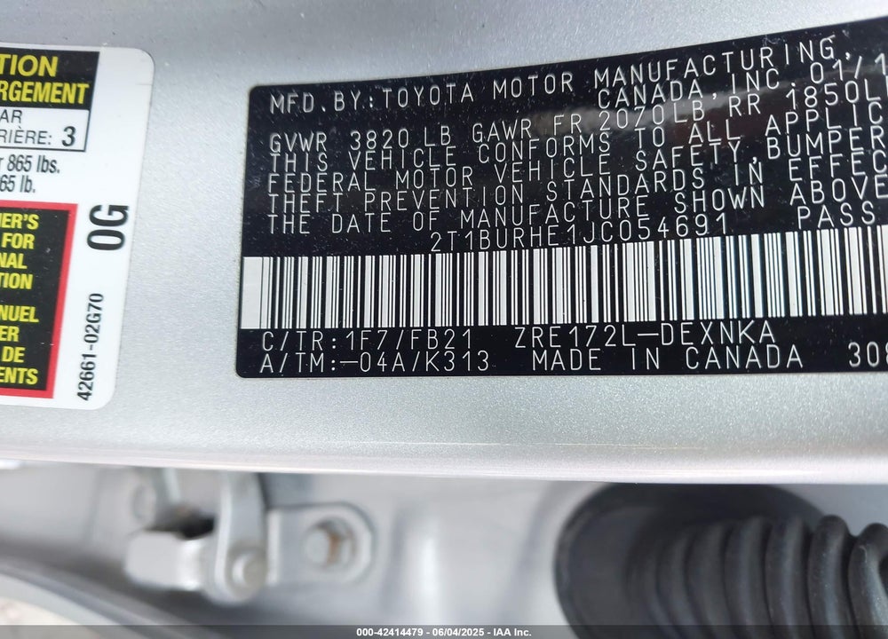 2018 TOYOTA COROLLA VIN: 2T1BURHE1JC054691