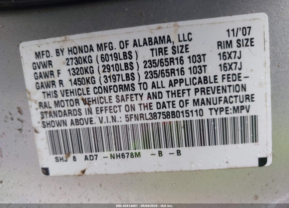 2008 HONDA ODYSSEY EX-L VIN: 5FNRL38758B015110