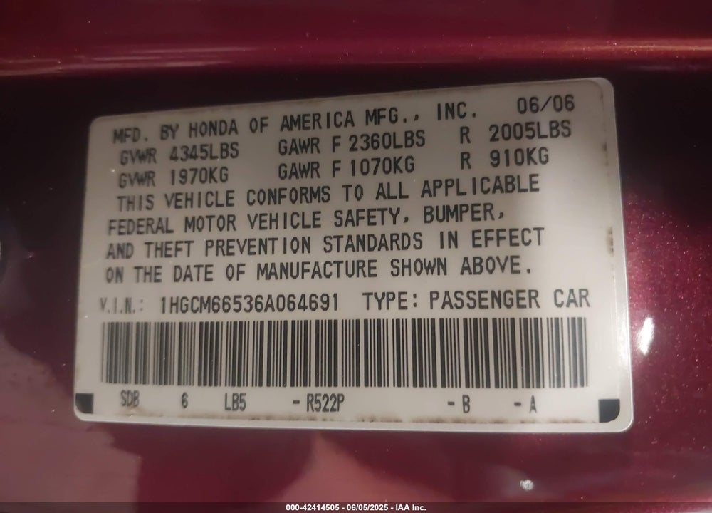 2006 HONDA ACCORD 3.0 EX VIN: 1HGCM66536A064691