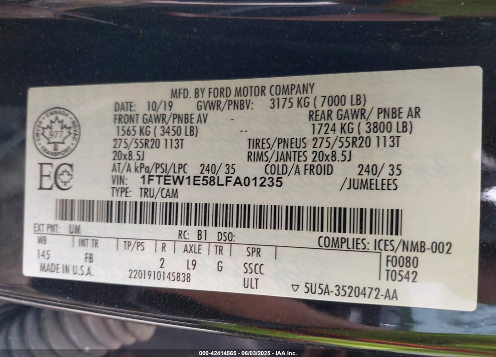 2020 FORD F-150 XLT VIN: 1FTEW1E58LFA01235