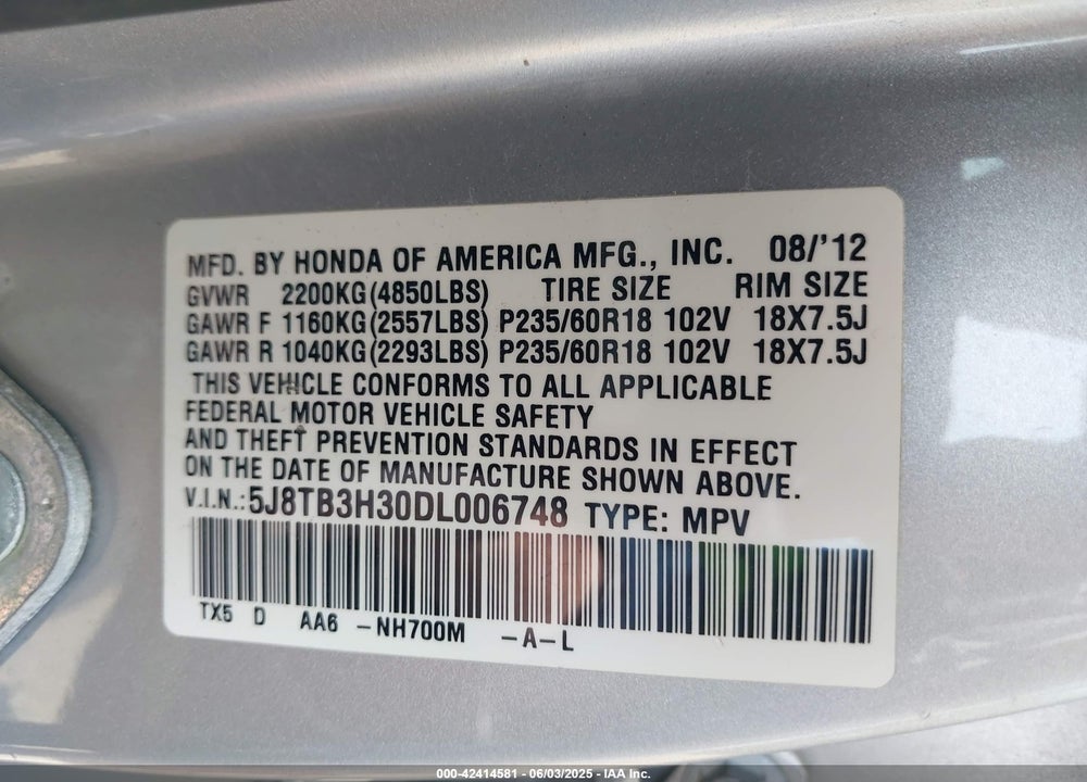 2013 ACURA RDX VIN: 5J8TB3H30DL006748