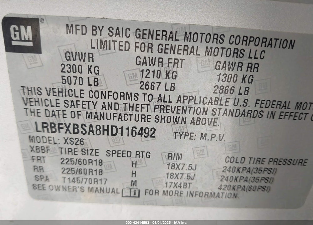 2017 BUICK ENVISION VIN: LRBFXBSA8HD116492