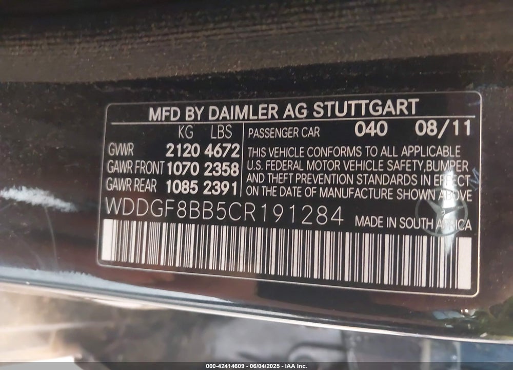 2012 MERCEDES-BENZ C CLASS VIN: WDDGF8BB5CR191284
