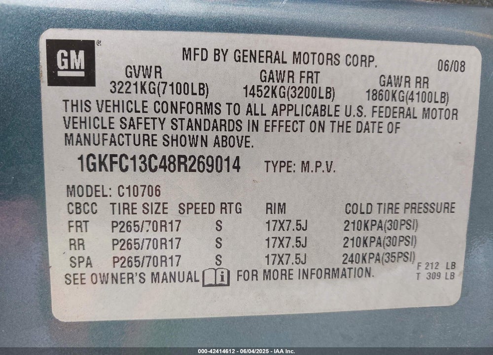 2008 GMC YUKON VIN: 1GKFC13C48R269014