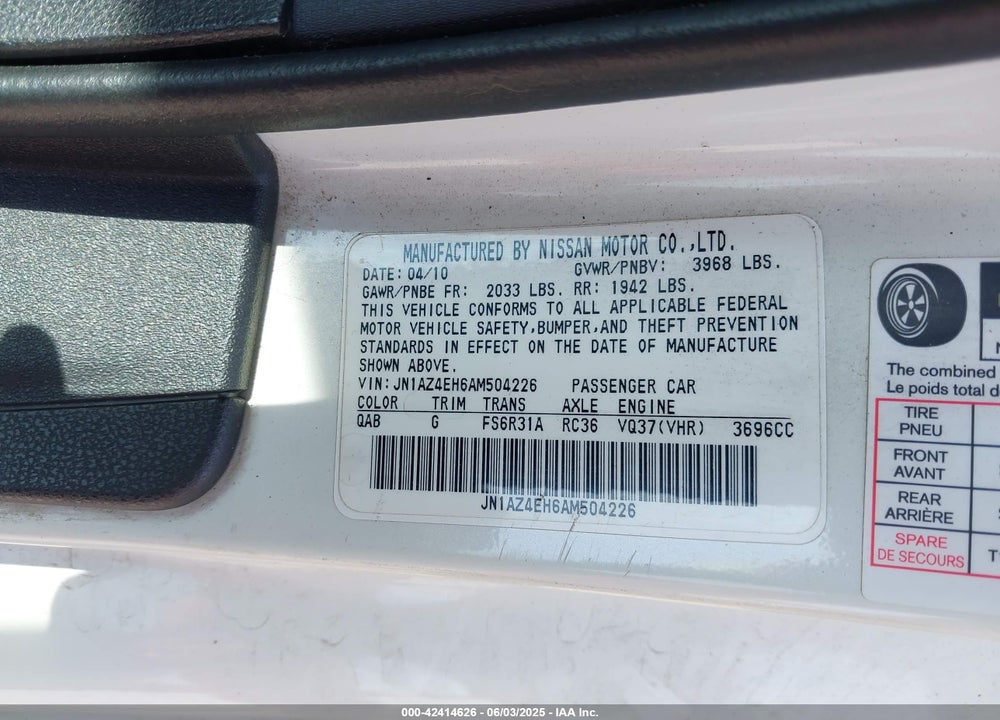 2010 NISSAN 370Z VIN: JN1AZ4EH6AM504226
