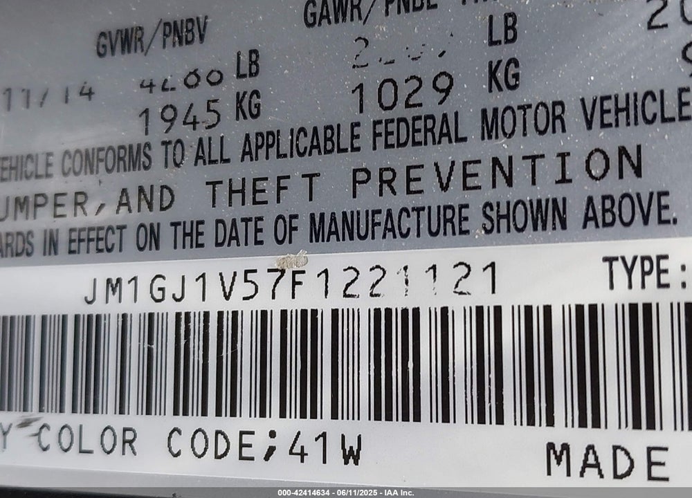 2015 MAZDA 6 VIN: JM1GJ1V57F1221121
