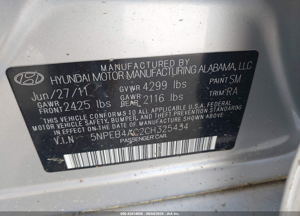2012 HYUNDAI SONATA GLS VIN: 5NPEB4AC2CH325434