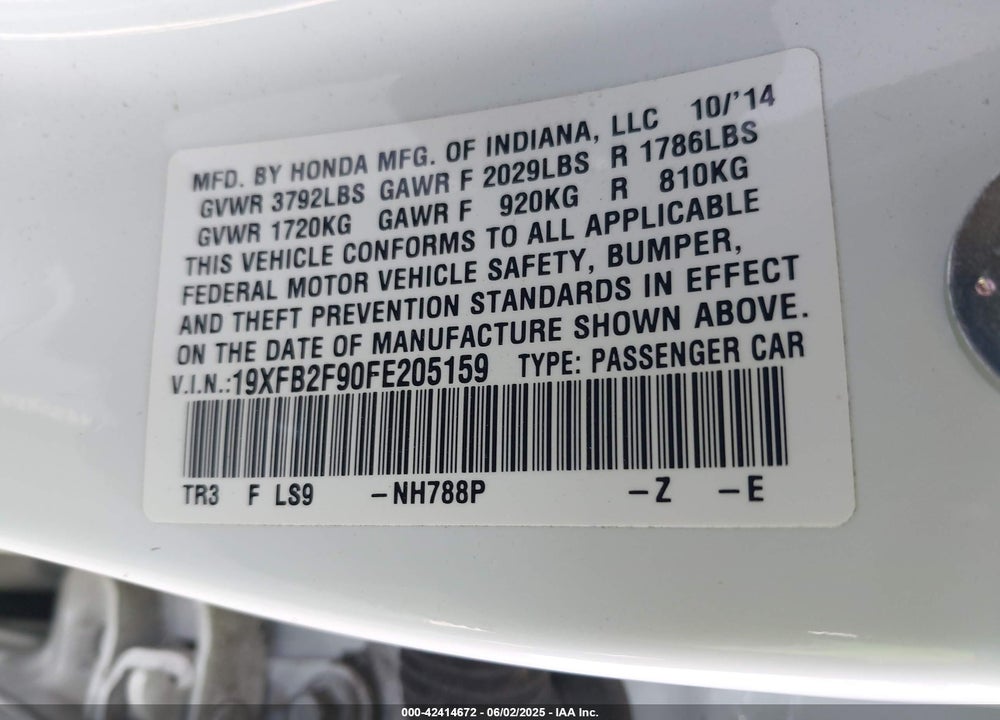 2015 HONDA CIVIC EX-L VIN: 19XFB2F90FE205159