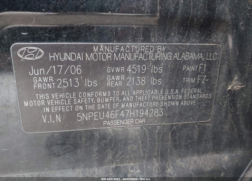 2007 HYUNDAI SONATA LIMITED/SE V6 VIN: 5NPEU46F47H194283