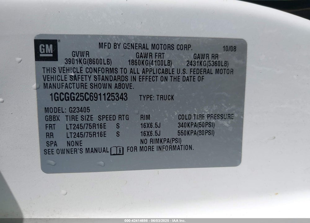 2009 CHEVROLET EXPRESS 2500 WORK VAN VIN: 1GCGG25C691125343