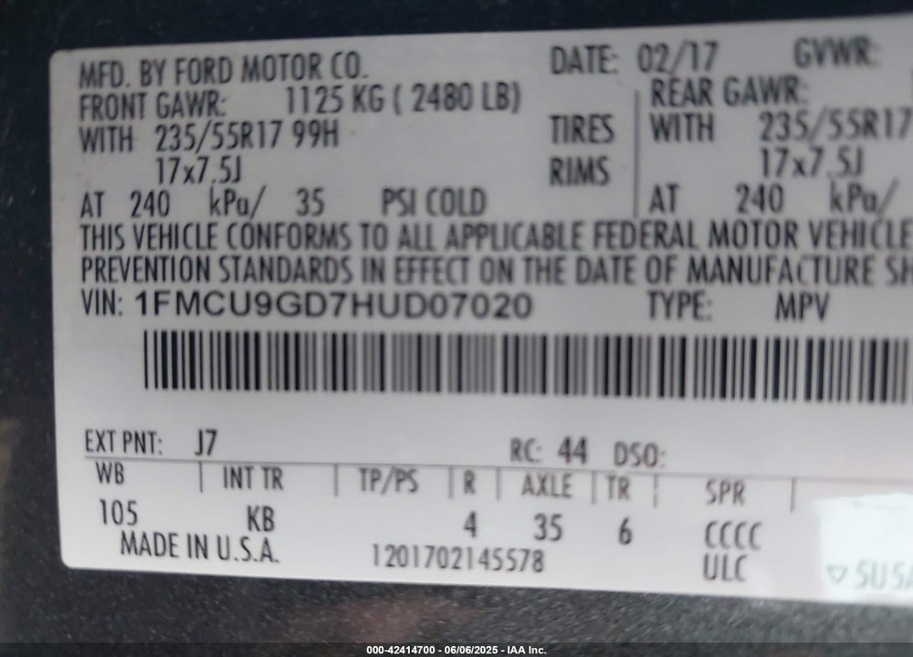 2017 FORD ESCAPE VIN: 1FMCU9GD7HUD07020