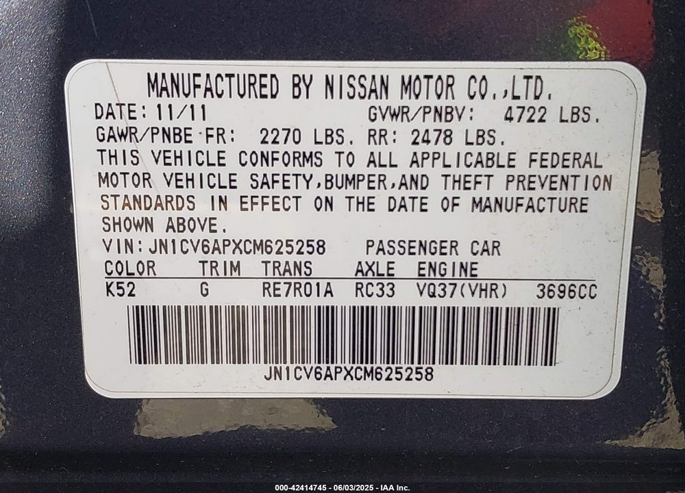 2012 INFINITI G37 JOURNEY VIN: JN1CV6APXCM625258