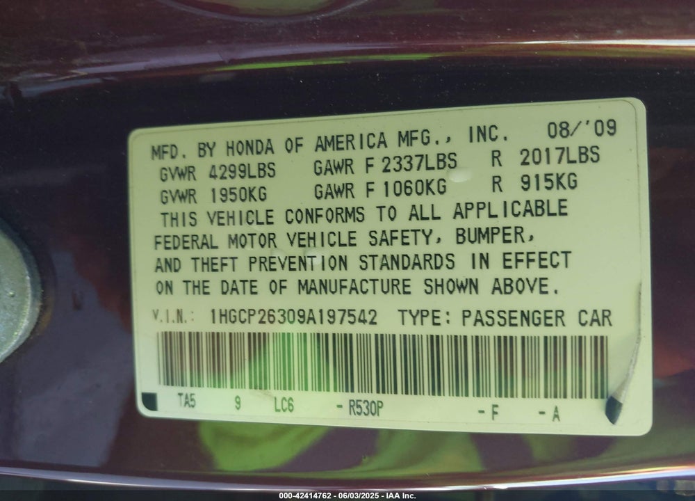 2009 HONDA ACCORD VIN: 1HGCP26309A197542