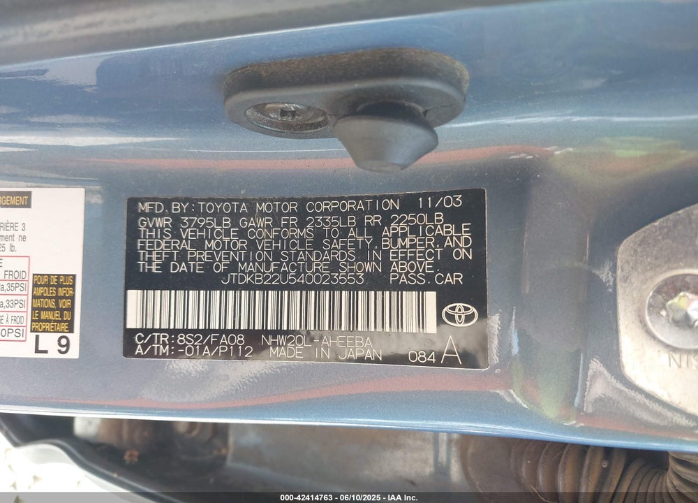 2004 TOYOTA PRIUS VIN: JTDKB22U540023553