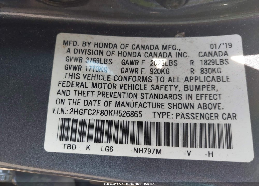 2019 HONDA CIVIC VIN: 2HGFC2F80KH526865