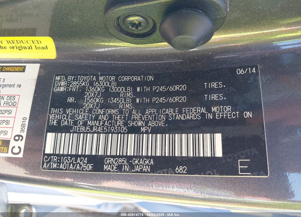 2014 TOYOTA 4RUNNER LIMITED/SR5/SR5 PREMIUM/TRAIL/TRAIL PREMIUM VIN: JTEBU5JR4E5193105