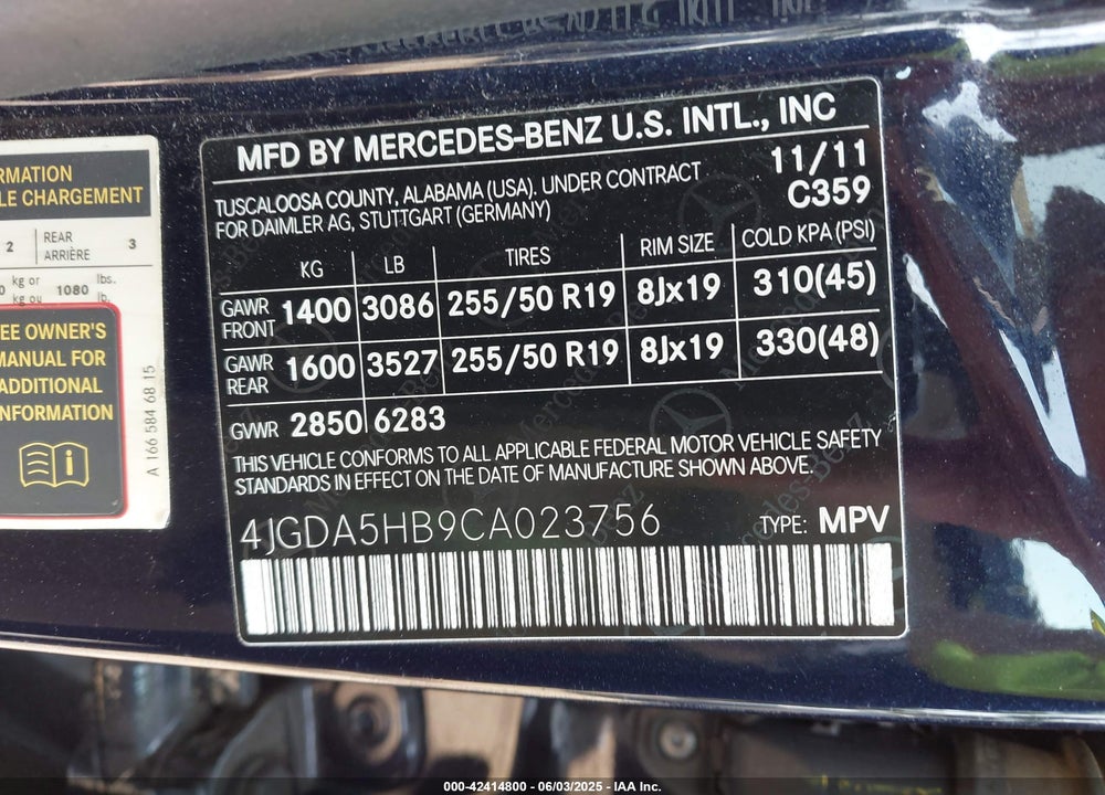 2012 MERCEDES-BENZ M-CLASS VIN: 4JGDA5HB9CA023756